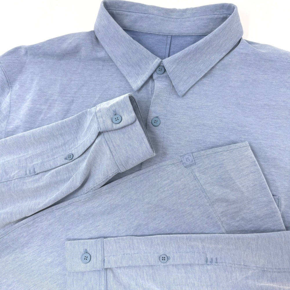 Lululemon Mens 2XL Long Sleeve Button Down Shirt Light Blue Heathered Tech Pique
